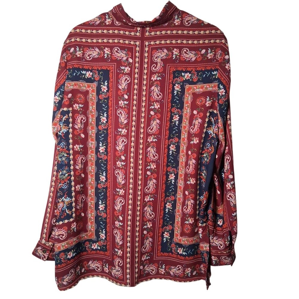 Dressbarn Blouse XL Maroon Blue Paisley Floral Tapestry Semi Sheer Long Sleeve - Picture 2 of 16